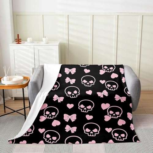 Castle Fairy Cartoon Skull Flannel Fleece Throw Blanket 40"x50" Pink Bowknot Love Heart Fuzzy Blanket for Sofa Couch Modern Girly All Season Bed Blankets Lightweight Plush Blankets,Black Pink - color: Black Pink, size: 40"×50"