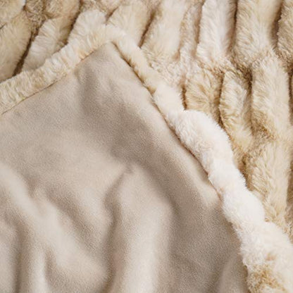BATTILO HOME Ruched Luxury Faux Fur Throw Blanket Beige Tie-dye Rabbit Fur Blanket for Couch, Living Room, Fuzzy, Soft, Plush, Cozy, Elegant with Reversible Mink Blanket Beige, 60"x80" - color: Beige, size: 60"x80"