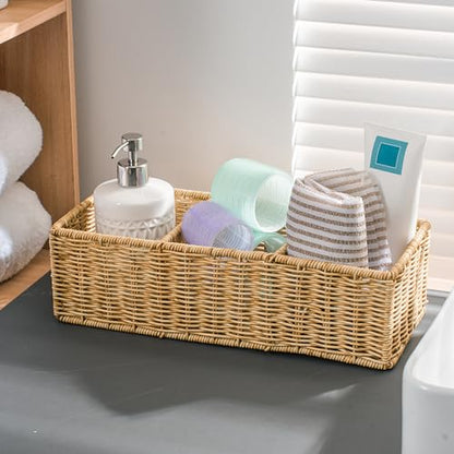 myHomeBody Wicker Basket With 3 Compartments, For Toilet Tank Paper Rolls, Hand Woven Bathroom Countertop Organizer, Bedroom Organization, 1pc, Tan - color: Tan
