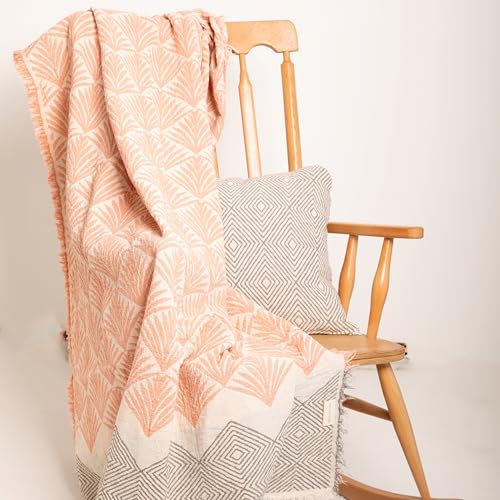 Premium Cotton Throw Blankets – 70x50 Inch, Fabric with Elegant Geometric Pattern – Perfect for Living Room, Bedroom and Home Decor (Peach) - color: Peach