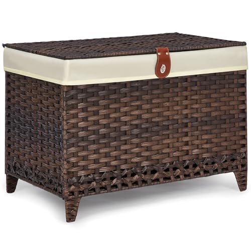 Honjourai Wicker Storage Basket with Lid,Rattan Shelf Basket with Removable Liner Bag,105L Storage Bin,Storage Trunk with Heightened Feet,Storage Container for Wardrobe,Home Organizer - color: Brown, size: 105L