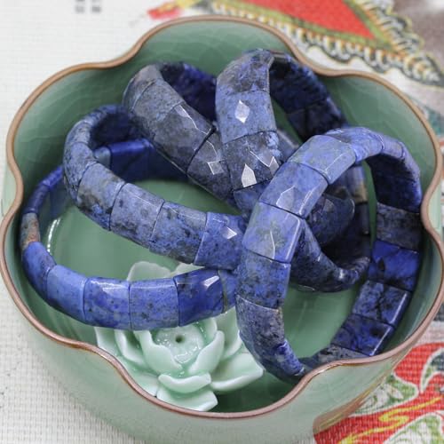 Keleny Gemstones Semi Precious 15mm Square Grain Faceted Beaded Stretch Bangle 7.5 Inch Unisex - color: Blue Dumortierite