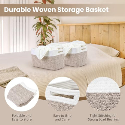 Optish 4 Pack Woven Basket for Storage, Basket for Organizing and Shelves, Rope Storage Basket for Toys, Towels, Books, Clothes, Baskets for Gifts Empty, 12.7'' X 8.3'' X 7.1'', White & Brown