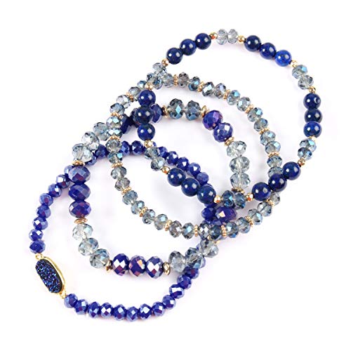 RIAH FASHION Bohemian Acrylic Druzy Multi-Layer Bead Statement Bracelet - Versatile Faux Stone Pendant Stretch Strand Stackable Cuff Bangle Set Sparkly Crystal - color: Oval Acrylic Druzy - Sapphire