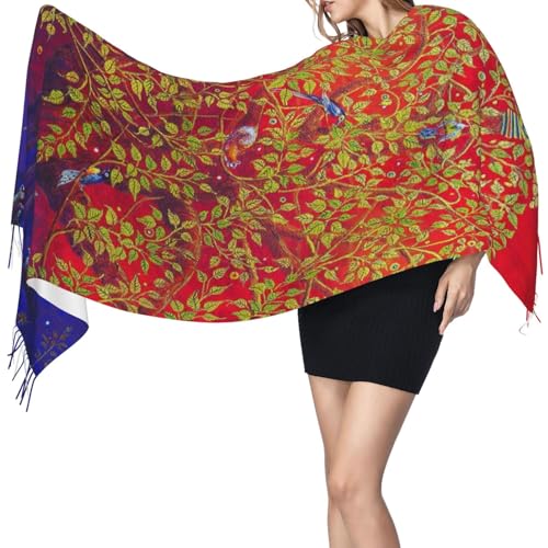 Sacred Bodhi Tree Of Life Themed Eastern Ancient Growth Ethnic Artwork Print Women'S Faux Cashmere Tassel Shawl Warm Soft Poncho Scarf Oversized Blanket Scarf For Fall Winter