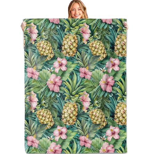 Tropical Pineapple Throw Blanket, 40x50in, Soft, Lightweight Flannel,Colorful Hibiscus Flowers and Jungle Leaves on Green Blankets, Gifts for Women, for Artistic Home Living Room Decor - color: Pineapple, size: 40x50in