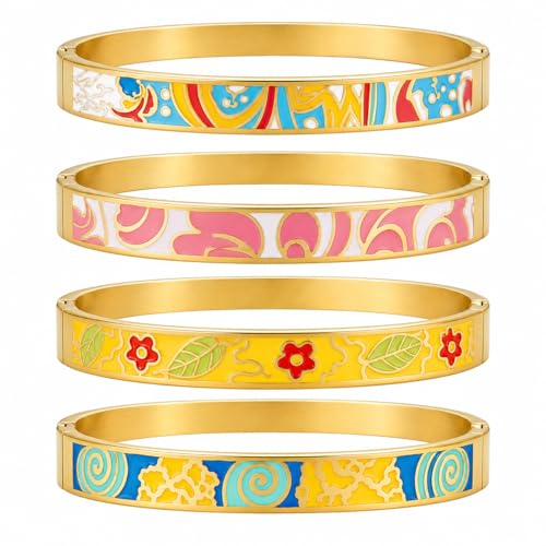 18K Gold Plated Stainless Steel Chunky Bangle Set, 4-Piece Colorful Stackable Floral Bracelets for Women, Multi Color Non Tarnish Jewelry for Wife Friendship Gift