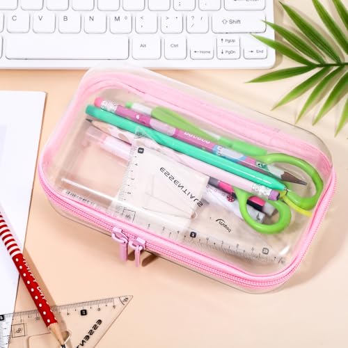 2Pcs Pink Frame Hard Shell Zipper Case, Travel Organizer with Clear Zipper Pouches Hard Shell Design, Multipurpose Clear Makeup Bag for Snacks, Toiletries Stationery Doll Storage (7.9x3.9 Inch)