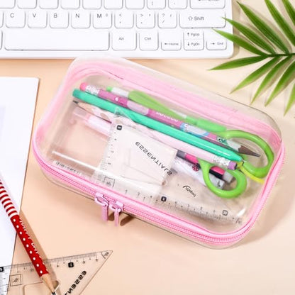 2Pcs Pink Frame Hard Shell Zipper Case, Travel Organizer with Clear Zipper Pouches Hard Shell Design, Multipurpose Clear Makeup Bag for Snacks, Toiletries Stationery Doll Storage (7.9x3.9 Inch)