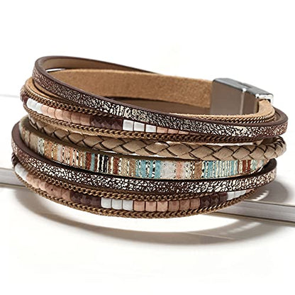 Fesciory Leather Wrap Bracelets for Women, Boho Leopard Multi-Layer Crystal Beads Cuff Bracelet Jewelry - color: Boho Braid(Brown)