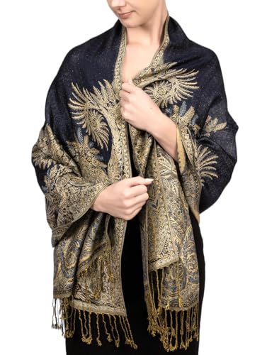 Achillea Reversible Paisley Pashmina Rave Scarf – Exotic Indian Shawls and Wraps for Evening Dresses, Festivals, All Seasons - color: Big Paisley Navy