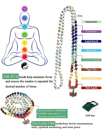 Bivei 7 Chakra 108 Mala Beads Bracelet Real Gemstone Yoga Meditation Hand Knotted Mala Prayer Bead Necklace - size: 6mm, style: Lotus OM - Amazonite