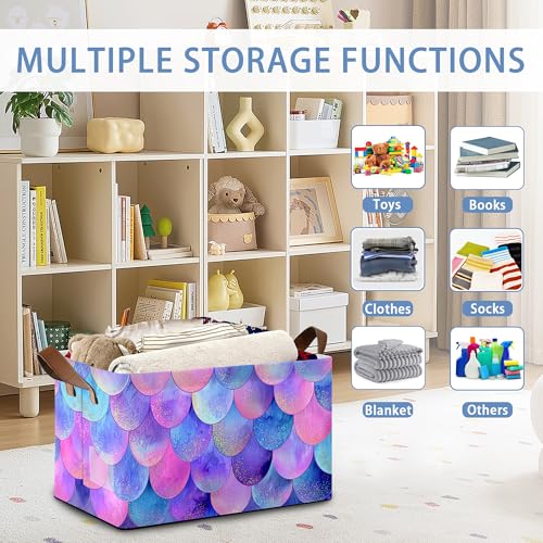 Glitter Fish Scales Storage Baskets,Mermaids Foldable Organizer Bin with Handles for Home Living Room Bedroom Closet Box 17x11.5x10Inch - color: Glitter Fish Scales Mermaids