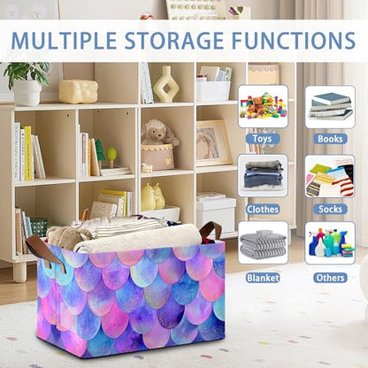 Glitter Fish Scales Storage Baskets,Mermaids Foldable Organizer Bin with Handles for Home Living Room Bedroom Closet Box 17x11.5x10Inch - color: Glitter Fish Scales Mermaids