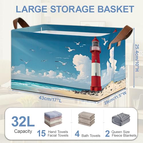 Lighthouse Seagull Storage Baskets,Beach Foldable Organizer Bin with Handles for Home Living Room Bedroom Closet Box 17x11.5x10Inch - color: Lighthouse Seagull Beach