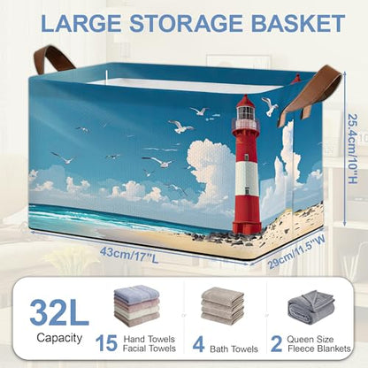 Lighthouse Seagull Storage Baskets,Beach Foldable Organizer Bin with Handles for Home Living Room Bedroom Closet Box 17x11.5x10Inch - color: Lighthouse Seagull Beach