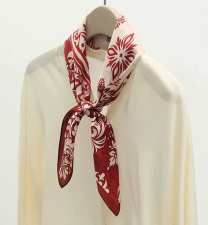 ANDANTINO 100% Mulberry Silk Square Scarf for Hair-25.6" X25.6'' Women Men Natural Silk Neckerchief Digital Printed Headscarf - color: Floral-dark Red