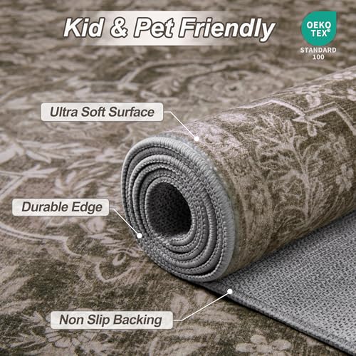 3x5 Washable Brown Rug Boho Floral Non-Slip Bedroom Rugs for Entryway Throw Rug Soft Low-Pile Indoor Floor Carpet for Living Room Laundry Foyer Decor