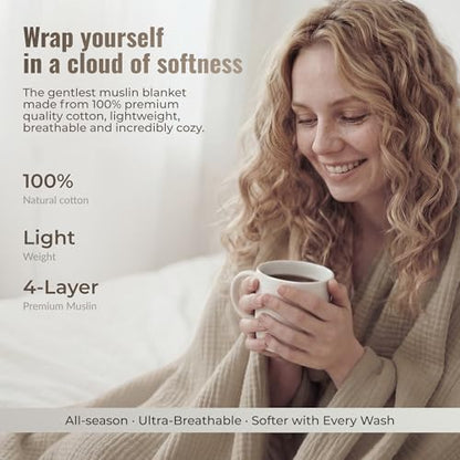 4-Layer Muslin Cotton Bed Blanket Twin Size (66 x 90 inches) – Soft, Breathable, Lightweight All-Season Gauze Blanket, Machine Washable – Tan - color: Tan, size: Twin (66 x 90 inches)
