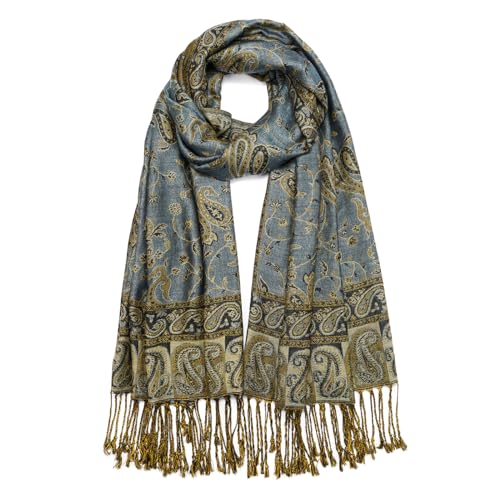 QIUTIMIY Paisley Pashmina Shawl Wrap Women Reversible Vintage Jacquard Pashmina Rave Scarf with Fringe for Evening, Wedding - color: Flower1-gray Blue