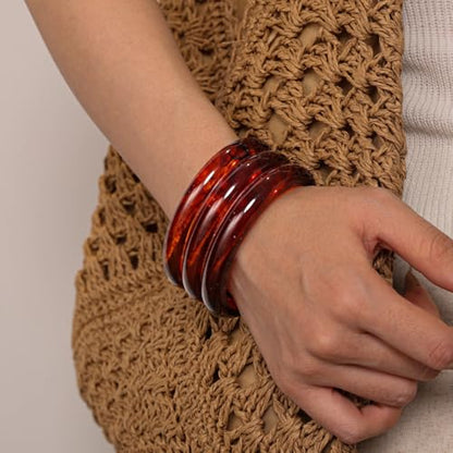 DATOA Minimalist Resin Open Cuff Bracelet Multi-Layered Neutral Tone Bangle, Statement Lightweight Jewelry for Women Men Everyday Wear & Gifting - color: Amber