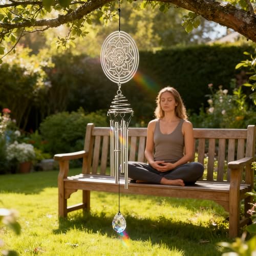 Meditation Mandala Wind Chimes with Sun Catcher - Healing Gifts & Stress Relief for Anxiety, Relaxing Self-Care Gift for Home Decor, Outdoor Patio, Yoga Space