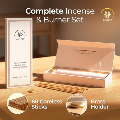 Shizu Sandalwood Incense Sticks – Artisanal Temple Grade Japanese Incense with Brass Holder – Calming Scent for Relaxation, Meditation & Home Spa, Elegant Gift Set (60 Sticks)