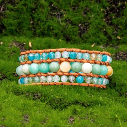 YGLINE Boho Handmade Natural Stone Bead 3 Row Wide Wrap Wrist Statment Bracelet Jewelry Collection - color: agate＆amazonite