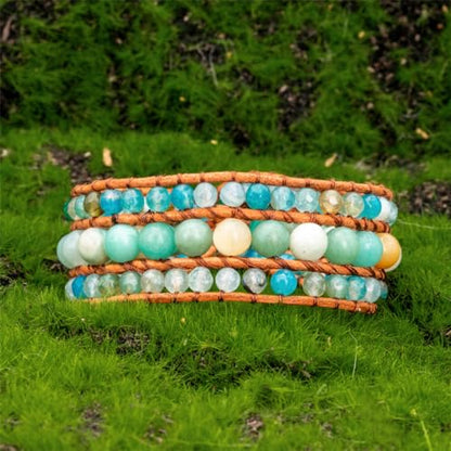 YGLINE Boho Handmade Natural Stone Bead 3 Row Wide Wrap Wrist Statment Bracelet Jewelry Collection - color: agate＆amazonite