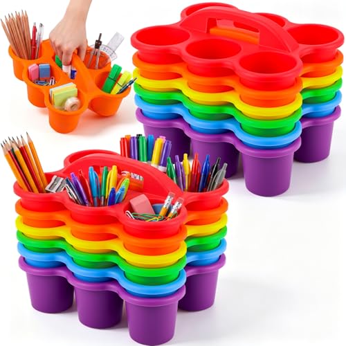 Novabright 12 Pack Classroom Caddy, Stackable Plastic Caddy Storage Basket with Handle for Kids, Table Desk Office Arts, Crafts, Crayon, Marker, Pencil, School Supplies (Assorted Colors) - color: Assorted Colors