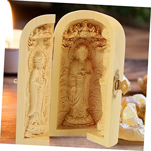 Wood Buddha Statue Figurine Yellow Cedar Tabletop Decor Zen Design Small Wood Carving for Home Decoration and Spiritual Serenity