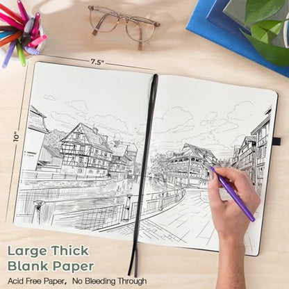 Blank Notebook, Hardcover Sketch Book, 8.5" x 11" Large Blank Journal, No Bleed Thick Paper Sketchbook for Drawing, Unlined Notebook Journal for Women Men, A4 Leather Sketchbook, Lay Flat, Light Green - color: Light Green