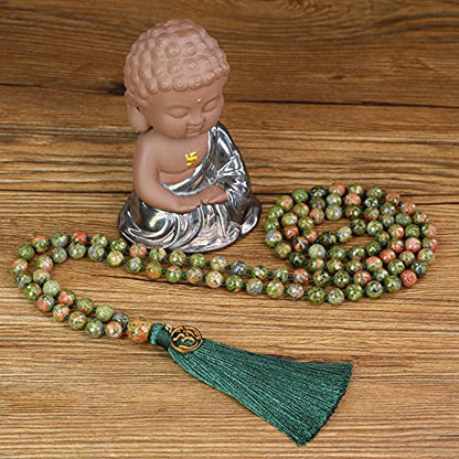 COAI OM Charm Hand Knotted Tassel 108 Mala Beads Necklace - color: Faceted Unakite, size: 8mm