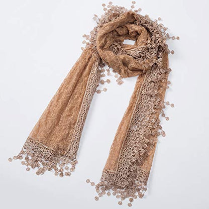 Cindy and Wendy Lightweight Soft Leaf Lace Fringes Scarf Bridal Veils shawl for Women - color: Brown Floral With Fringes