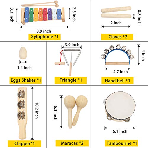 Musical Instrument Set for Toddler Baby Kid Wooden Percussion Instrument Musical Toys Xylophone Maracas Egg Shaker Tambourine Triangle Instrument for Boys Girls