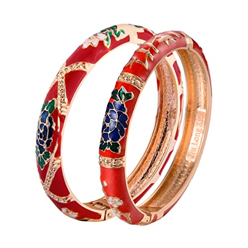 UJOY Classic Cloisonne Bracelets Enamel Jewelry Plated Bamboo Flower Cuff Metal Bangle for Women Gift Box - color: A127-Flower-Red