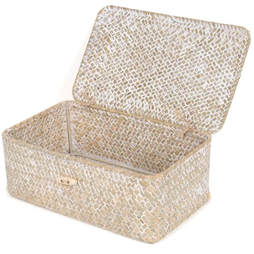 FEIALNDUO Wicker Shelf Baskets with Lid,Seagrass Storage Basket Bins Rectangular Handwoven Basket Boxes for Shelves Desktop Home Organizer (Whitewash, Small) - color: Whitewash, size: Small