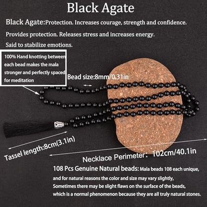 KIKILA Mala Beads 108 Natural Stone GemStones Japamala Yoga Meditation Hand Knotted Beaded Tassel Necklace for Women Men - style: Black Agate