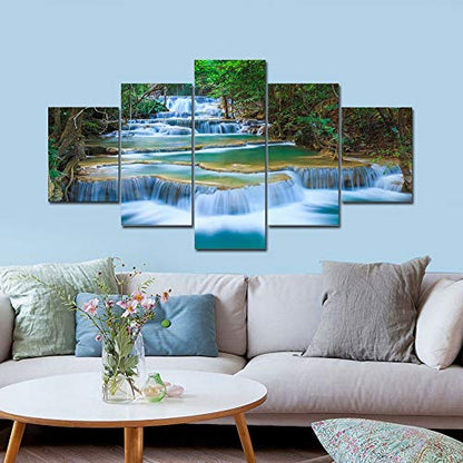 Wieco Art Peaceful Waterfall 5 Panels Large Canvas Paintings Wall Art Modern Gallery Wrapped Landscape Forest Giclee Canvas Print Artwork Photo Pictures for Living Room Bedroom Home Decorations L - size: 12x16inchx2pcs,12x24inchx2pcs,12x32inchx1pc
