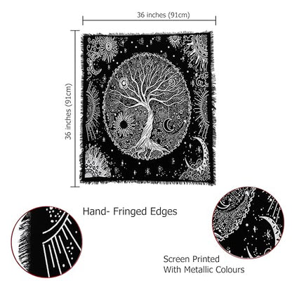 Indian Consigners Tree of Life Altar Cloth Tapestry Tablecloth Celtic Trees Ritual Spiritual Cloth for Sacred Places, Cotton Square Tarot Table Cover 36 by 36 Sacred - color: Silver Celestical Dry Tree, size: 36" x 36" (Square)