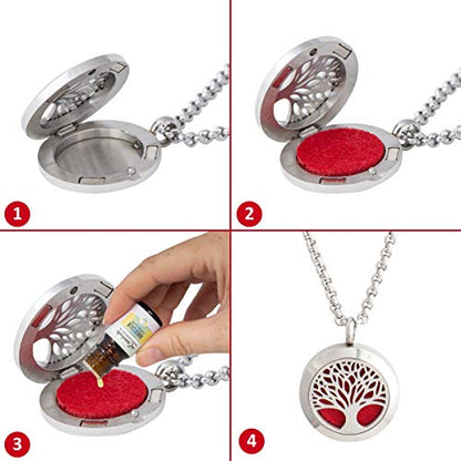 Wild Essentials 3 Necklace Set, Tree Of Life, Flower of Life, Sun Essential Oil Diffuser Necklace Stainless Steel Locket Pendants, 24 Inch Chains, 36 Refill Pads, Color Changing, Perfume Locket, Aroma