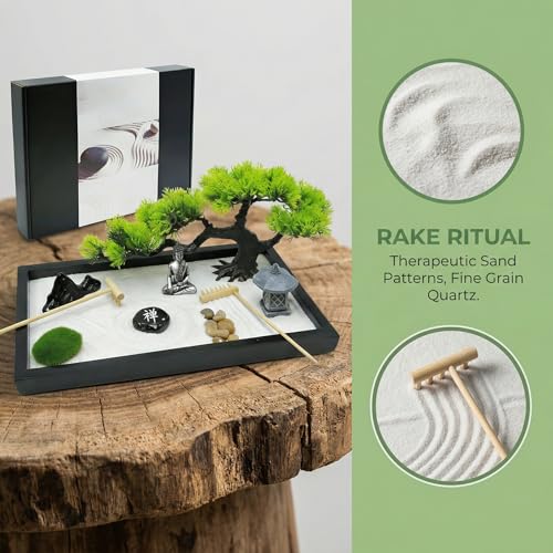 Zen Garden for Desk,Mini Oriental Antique Stone Sculpture Sand Tray, Desktop Zen Garden Kit for Adults, Meditation & Zen Decor, Unique Stress Relief Gift.