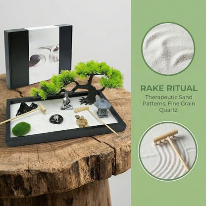 Zen Garden for Desk,Mini Oriental Antique Stone Sculpture Sand Tray, Desktop Zen Garden Kit for Adults, Meditation & Zen Decor, Unique Stress Relief Gift.