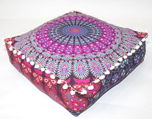CRAFT KALA Pink Peacock Large Hippie Mandala Meditation Floor Ottoman Pillow Cushion Pouf Cover Square Poufs Bohemian Circle Floor Cushion Case Outdoor Fireplace Living Room Decor Cover 16" Square - color: Pink, size: 16"D x 16"W x 5"H
