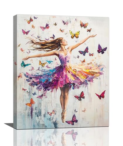Olivine Ballerina Wall Art, Butterfly Ballet Pictures Wall Decor, Colorful Dancer Canvas Prints, Dance Girl Painting, Framed Artwork for Bathroom Girl's Bedroom Living Room Office Home Decoration 20"x16" - color: Ballet Girl Butterfly, size: 20L" x 16W"