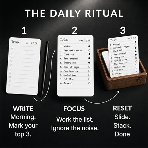 Undated Daily Productivity To Do List Cards - 60 To-Do List Cards, 10 Goal Setting Cards - Daily Checklist Cards and Note Pads - Simple and Effective Analog System
