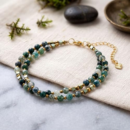 Farfume Beaded Bracelets for Women, Chakra Crystal 4mm Beads Gemstone Natural Stone Bead Spiritual Jewelry Gifts for Women - color: Green Moss Agate-Inner Harmony