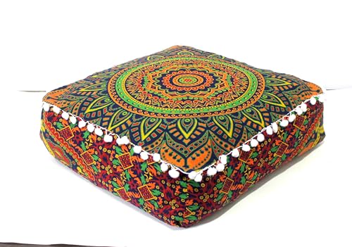 CRAFT KALA Large Hippie Mandala Meditation Floor Ottoman Pillow Cushion Pouf Cover Square Poufs Bohemian Circle Floor Cushion Case Outdoor Fireplace Yoga Living Room Decor Cover New Blue, 16" Square - color: New Blue, size: 16"D x 16"W x 5"H