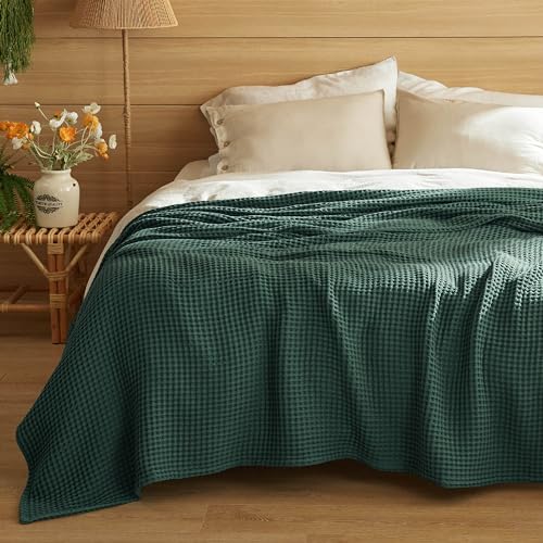 Bedsure 100% Cotton Blanket Queen Size for Spring Summer, Waffle Weave Thin Lightweight Breathable Blanket for Bed, Cotton Bedding Room Decor Gifts for Women, Men, Dark Green, 90" x 90" - color: Dark Green, size: Queen (90" X 90")