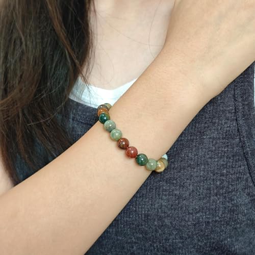 Natural Stone Beaded Bracelets for Women Men - 8MM Semi-Precious Stones Bracelets Adjustable Crystal Beads Stretch Bracelet - color: Indian Agate